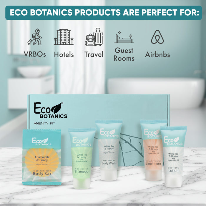 Eco Botanics Amenity Kit | Boxed Hotel Toiletries | Bulk Set .85 oz Travel Size Shampoo, Conditioner, Lotion, Body Wash & Body Bar Soap for Guest Hospitality AirBnB/Vacation Rentals | 15 sets per case