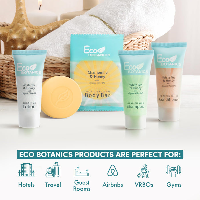 Eco Botanics Hotel Soaps and Toiletries Bulk Set | 1-Shoppe All-In-Kit Amenities for Hotels & Airbnb | 0.85 oz Hotel Shampoo, Conditioner & Lotion, 0.89 oz Bar Soap Travel Size | 200 Pieces