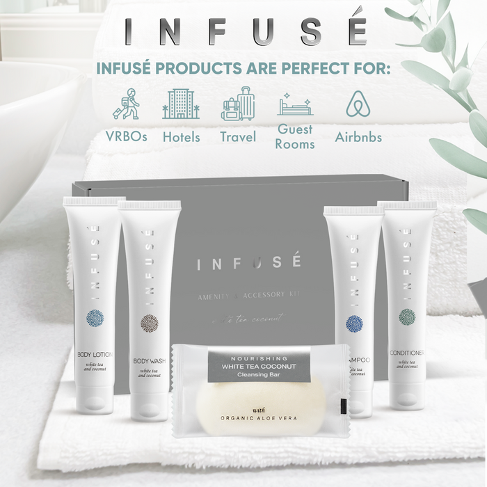 Infuse Amenity Kit | Boxed Hotel Toiletries | Bulk Set 1 oz Travel Size Shampoo, Conditioner, Lotion, Body Wash & Cleansing Bar for Guest Hospitality AirBnB/Vacation Rentals | 15 sets per case