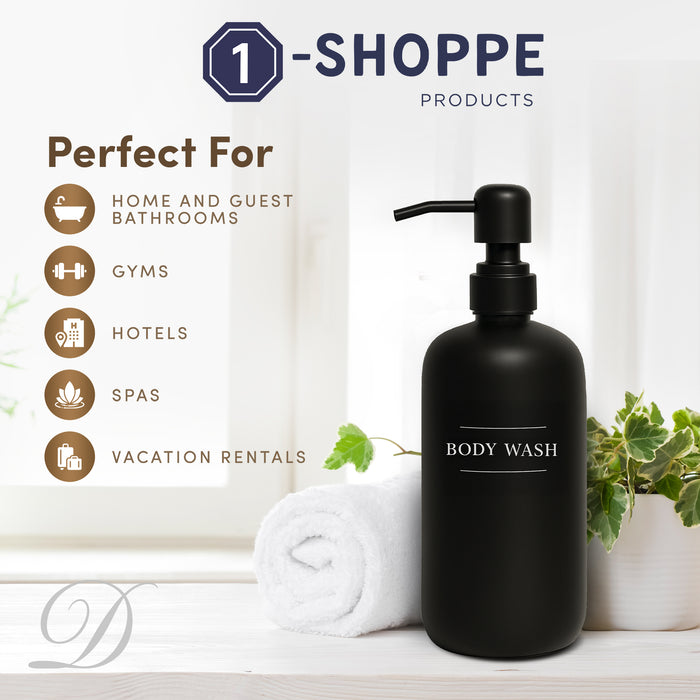 Black Glass Body Wash Bottle | 16 oz Refillable Wall Mount Liquid Soap Dispenser with Waterproof Label for every Bathroom | Single Product by Diversified Hospitality Solutions