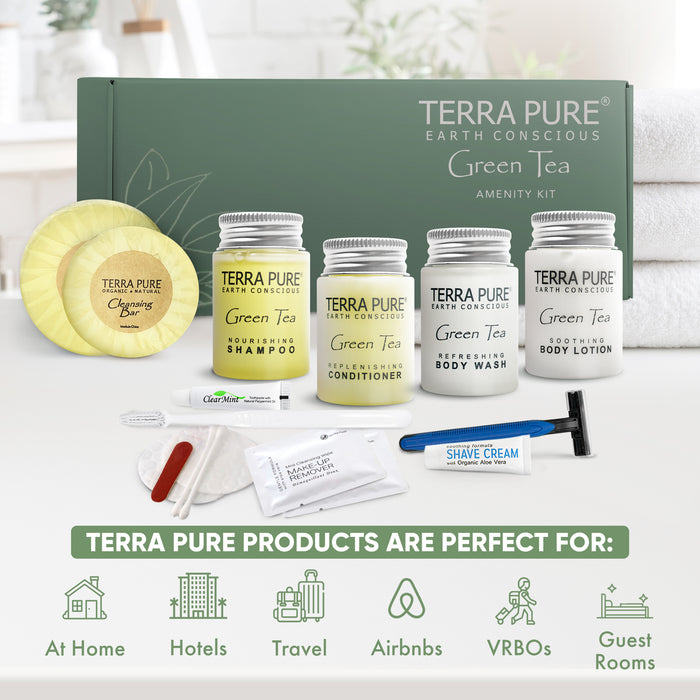 Terra Pure Green Tea Amenity & Accessory Kit | 1 oz Travel Size Shampoo, Conditioner, Lotion, Body Wash, 2 Soap Bars, Shave & Dental Sets, Make-Up Remover Wipes, & Vanity Kit | 60 sets per case