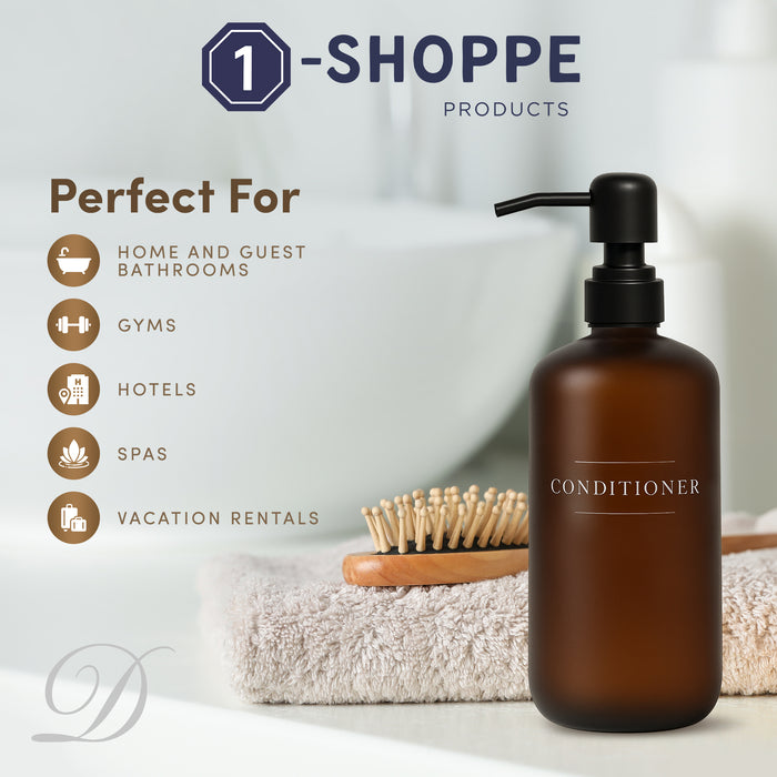 Amber Glass Conditioner Bottle | 16 oz Refillable Wall Mount Liquid Soap Dispenser with Waterproof Label for every Bathroom | Single Product by Diversified Hospitality Solutions