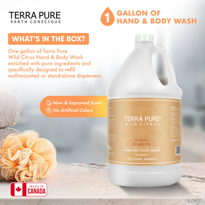 Terra Pure | Hotel Soaps and Toiletries Bulk Set | Hand & Body Wash Gallon 128 oz | Designed to Refill Soap Dispensers | 4 Gallons