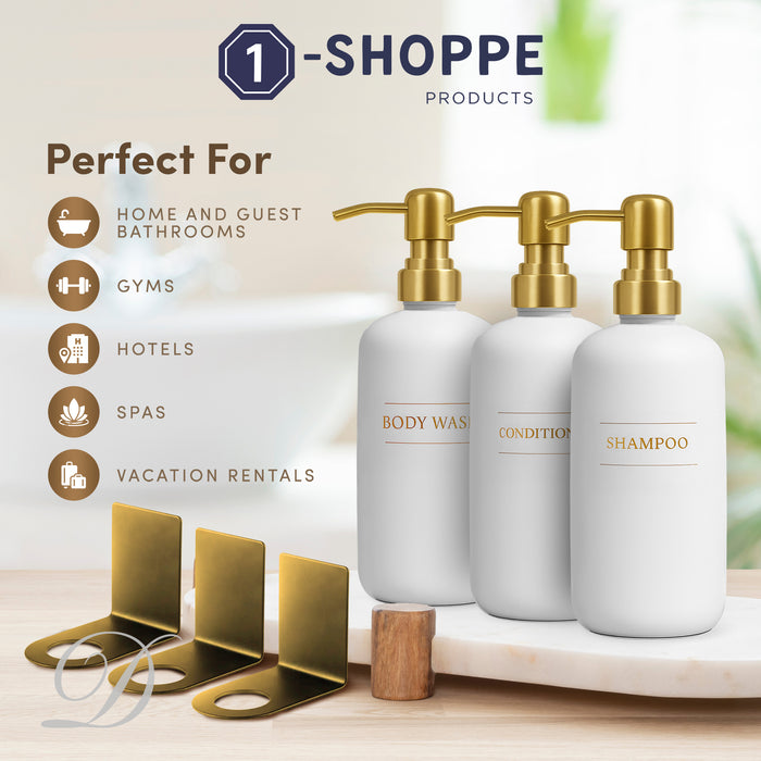 Diversified Hospitality Solutions White Plastic Bottle | Refillable Wall Mount Liquid Soap Dispenser with No Drill Brackets |16 oz Shampoo, Conditioner and Body Wash for every Bathroom | Three Bottles