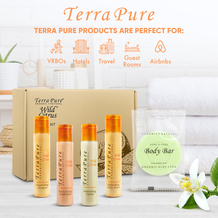 Terra Pure Amenity Kit | Boxed Hotel Toiletries | Bulk Set 1 oz Travel Size Shampoo, Conditioner, Lotion, Body Wash & Cleansing Bar for Guest Hospitality AirBnB/Vacation Rentals | 1 set per case