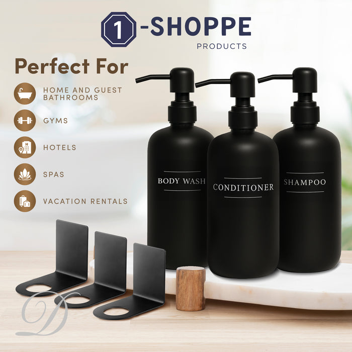 Diversified Hospitality Solutions Black Plastic Bottle | Refillable Wall Mount Liquid Soap Dispenser with No Drill Brackets |16 oz Shampoo, Conditioner and Body Wash for Every Bathroom | Three Bottles