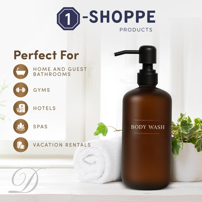 Amber Glass Body Wash Bottle | 16 oz Refillable Wall Mount Liquid Soap Dispenser with Waterproof Label for every Bathroom | Single Product by Diversified Hospitality Solutions