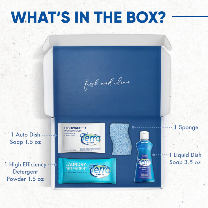 Terra Breeze Spa Bulk Set | Guest Box With A Sponge, A Bottle Of Liquid Dish Soap, A Packet Of Dishwasher Detergent Powder, A Packet Of High-Efficiency Laundry Detergent Powder | 20 Boxes