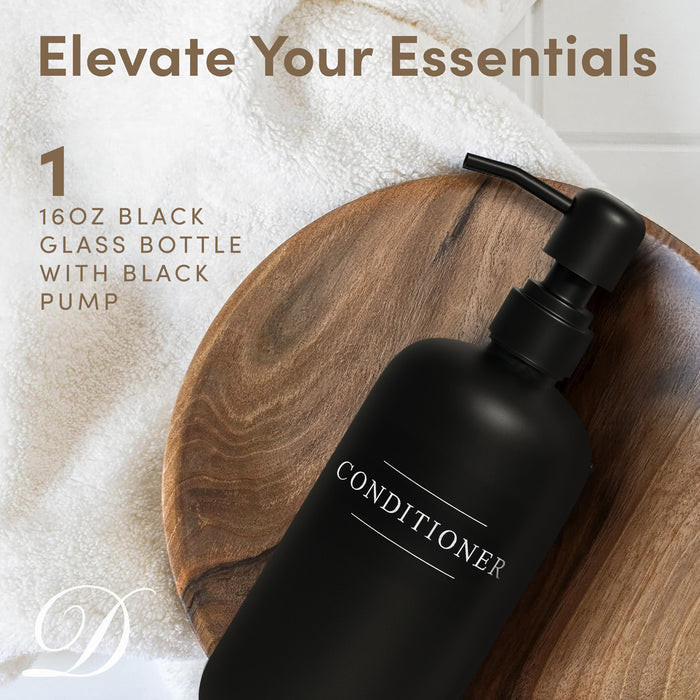 Black Glass Conditioner Bottle | 16 oz Refillable Wall Mount Liquid Soap Dispenser with Waterproof Label for Every Bathroom | Single Product by Diversified Hospitality Solutions