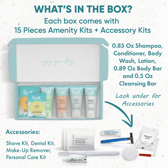 Eco Botanics Amenity & Accessory Kit | 0.85 oz Travel Size Shampoo, Conditioner, Lotion, Body Wash, Body Bar, Cleansing Bar, Shave & Dental Sets, Make-Up Remover Wipes, & Vanity Kit | 15 sets per case