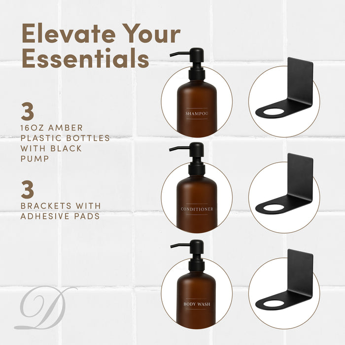 Diversified Hospitality Solutions Amber Plastic Bottle | Refillable Wall Mount Liquid Soap Dispenser | 16 oz Shampoo, Conditioner and Body Wash for Every Bathroom | 3 Bottles