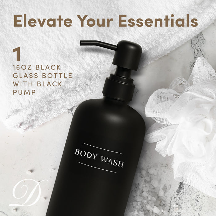 Black Glass Body Wash Bottle | 16 oz Refillable Wall Mount Liquid Soap Dispenser with Waterproof Label for every Bathroom | Single Product by Diversified Hospitality Solutions