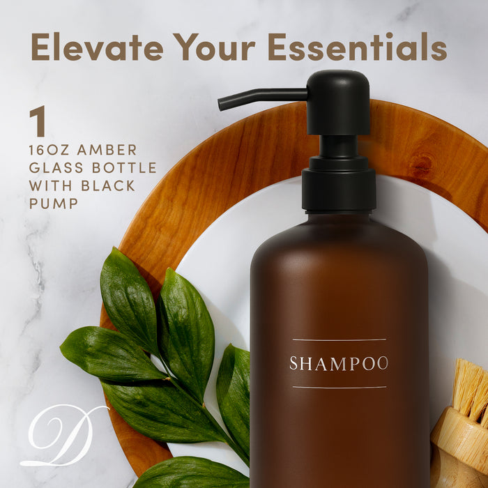 Amber Glass Shampoo Bottle | 16 oz Refillable Wall Mount Liquid Soap Dispenser with Waterproof Label for every Bathroom | Single Product by Diversified Hospitality Solutions