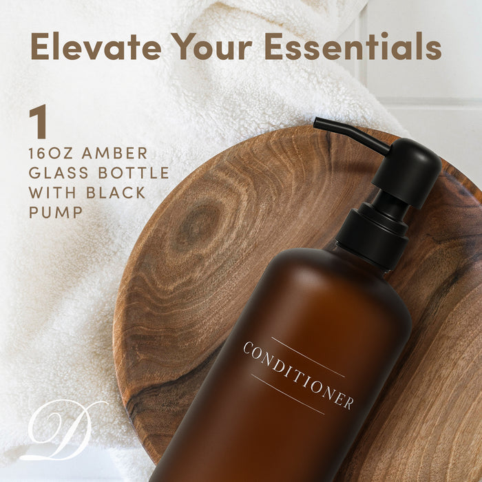 Amber Glass Conditioner Bottle | 16 oz Refillable Wall Mount Liquid Soap Dispenser with Waterproof Label for every Bathroom | Single Product by Diversified Hospitality Solutions