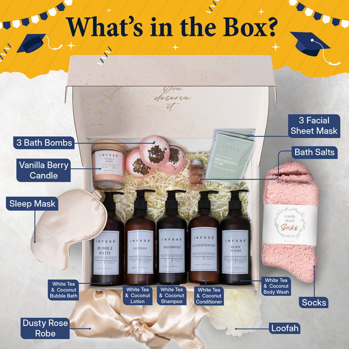 17-Piece Luxury Gift Set with Robe | Complete INFUSÉ White Tea & Coconut Bath Collection | Self-Care Kit with Bath Bombs, Face Masks & Hair Care