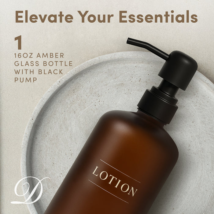 Amber Glass Lotion Bottle | 16 oz Refillable Wall Mount Liquid Soap Dispenser with Waterproof Label for every Bathroom | Single Product by Diversified Hospitality Solutions