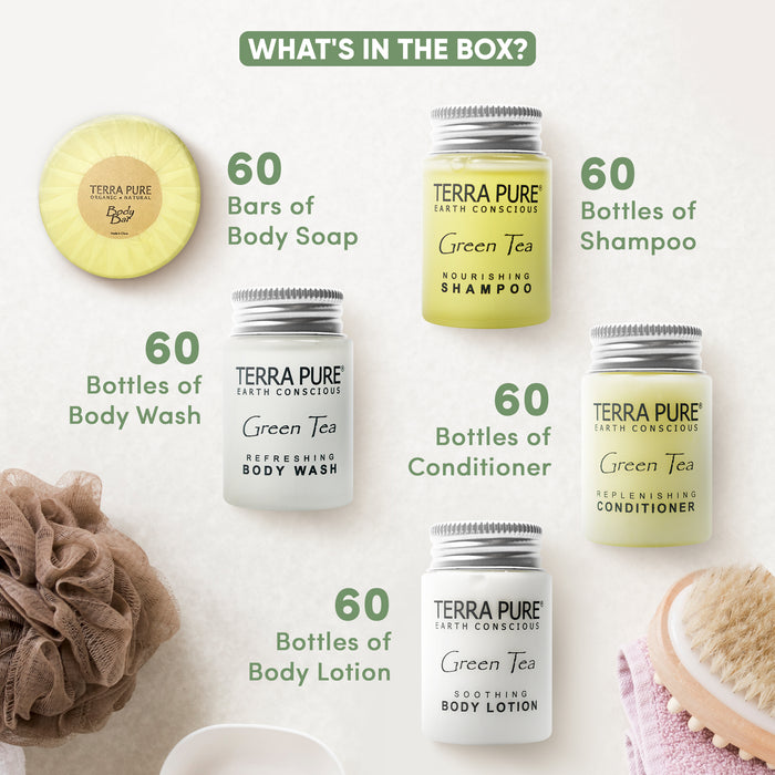 Terra Pure Hotel Soaps and Toiletries Bulk Set | 1-Shoppe All-In-Kit Amenities for Hotels | 1oz Hotel Shampoo & Conditioner, Body Wash, Body Lotion & 1.25oz Bar Soap Travel Size | 300 Pieces