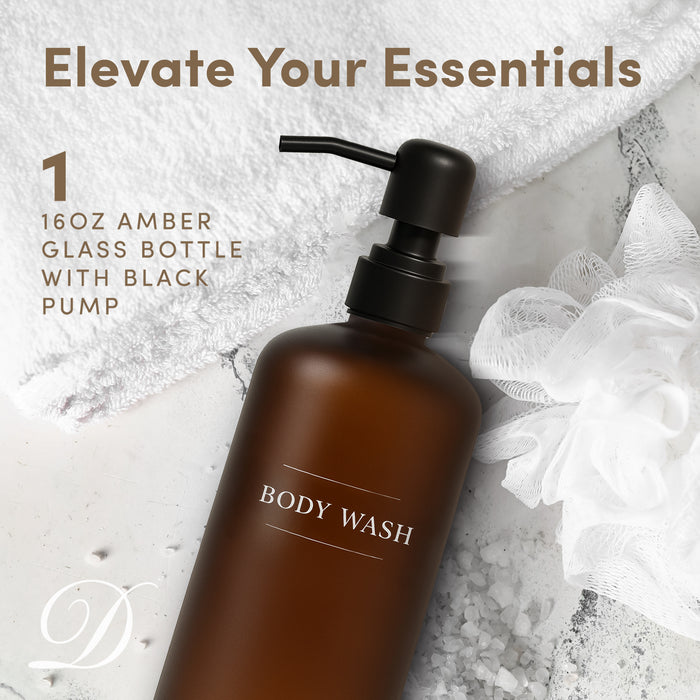 Amber Glass Body Wash Bottle | 16 oz Refillable Wall Mount Liquid Soap Dispenser with Waterproof Label for every Bathroom | Single Product by Diversified Hospitality Solutions