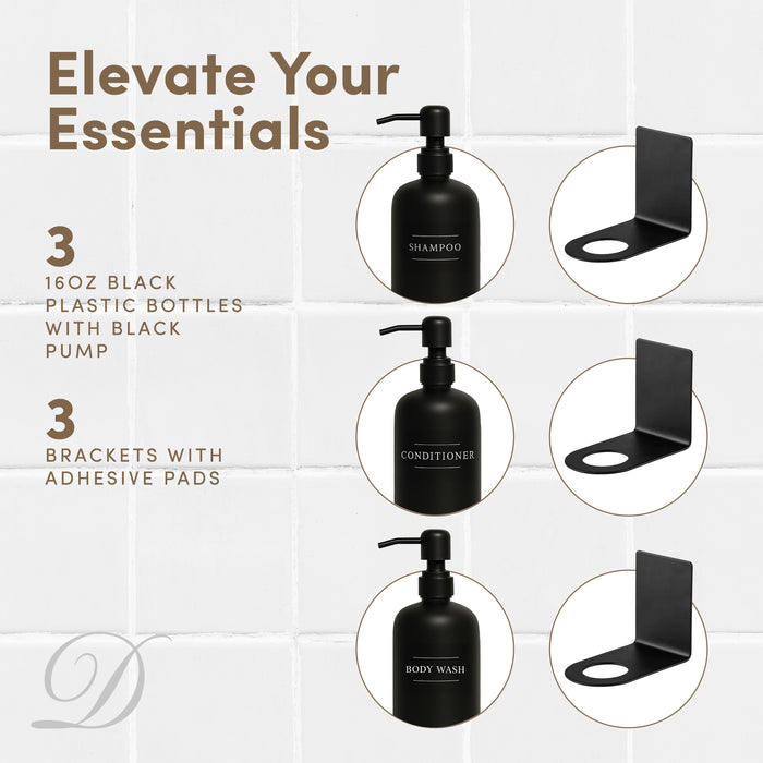 Diversified Hospitality Solutions Black Plastic Bottle | Refillable Wall Mount Liquid Soap Dispenser with No Drill Brackets |16 oz Shampoo, Conditioner and Body Wash for Every Bathroom | Three Bottles