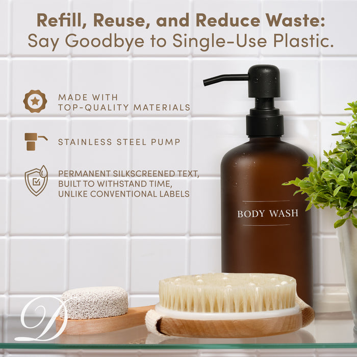 Amber Glass Body Wash Bottle | 16 oz Refillable Wall Mount Liquid Soap Dispenser with Waterproof Label for every Bathroom | Single Product by Diversified Hospitality Solutions