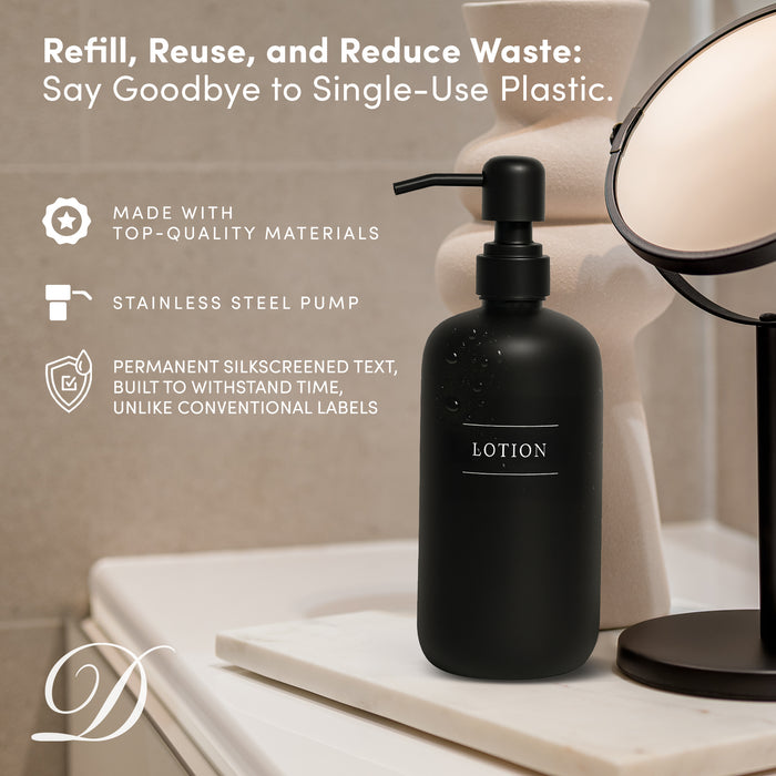 Black Glass Lotion Bottle | 16 oz Refillable Wall Mount Liquid Soap Dispenser with Waterproof Label for every Bathroom | Single Product by Diversified Hospitality Solutions
