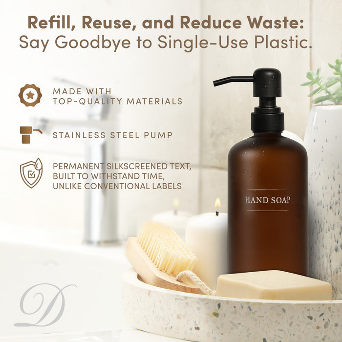 Amber Glass Handsoap Bottle | 16 oz Refillable Wall Mount Liquid Soap Dispenser with Waterproof Label for every Bathroom | Single Product by Diversified Hospitality Solutions