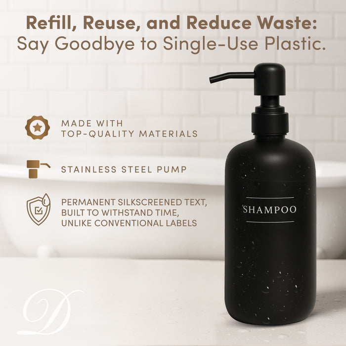 Black Glass Shampoo Bottle | 16 oz Refillable Wall Mount Liquid Soap Dispenser with Waterproof Label for every Bathroom | Single Product by Diversified Hospitality Solutions