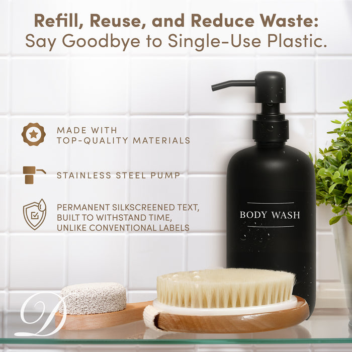Black Glass Body Wash Bottle | 16 oz Refillable Wall Mount Liquid Soap Dispenser with Waterproof Label for every Bathroom | Single Product by Diversified Hospitality Solutions