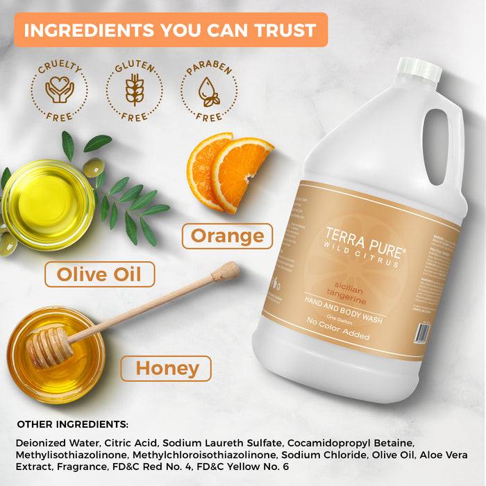 Terra Pure | Hotel Soaps and Toiletries Bulk Set | Hand & Body Wash Gallon 128 oz | Designed to Refill Soap Dispensers | 4 Gallons