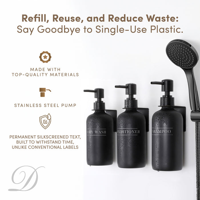 Diversified Hospitality Solutions Black Plastic Bottle | Refillable Wall Mount Liquid Soap Dispenser with No Drill Brackets |16 oz Shampoo, Conditioner and Body Wash for Every Bathroom | Three Bottles