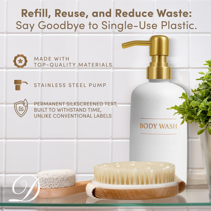 White Glass Body Wash Bottle | 16 oz Refillable Wall Mount Liquid Soap Dispenser with Waterproof Label for every Bathroom | Single Product by Diversified Hospitality Solutions