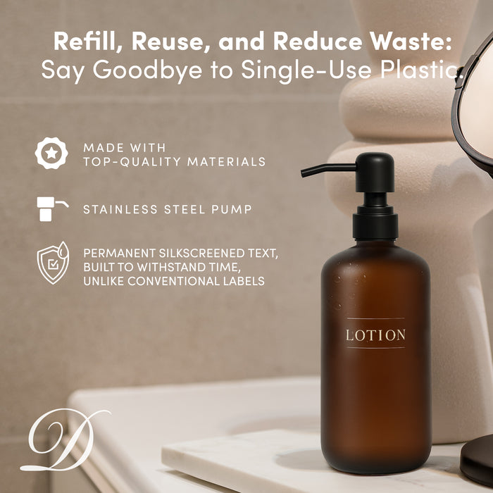 Amber Glass Lotion Bottle | 16 oz Refillable Wall Mount Liquid Soap Dispenser with Waterproof Label for every Bathroom | Single Product by Diversified Hospitality Solutions