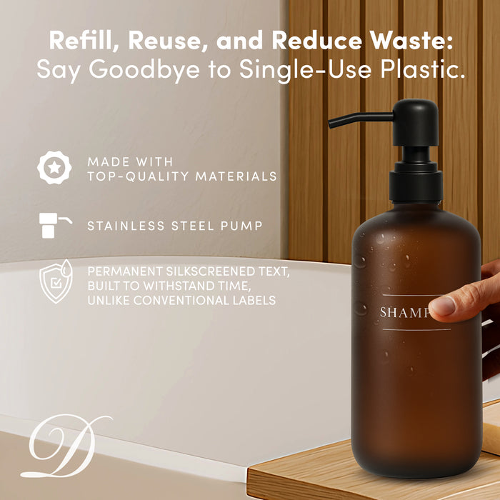 Amber Glass Shampoo Bottle | 16 oz Refillable Wall Mount Liquid Soap Dispenser with Waterproof Label for every Bathroom | Single Product by Diversified Hospitality Solutions