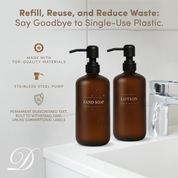 Diversified Hospitality Solutions Amber Plastic Bottle | Refillable Wall Mount Liquid Soap Dispenser with No Drill Brackets | 16 oz Hand Soap and Lotion for every Bathroom | Two Bottles