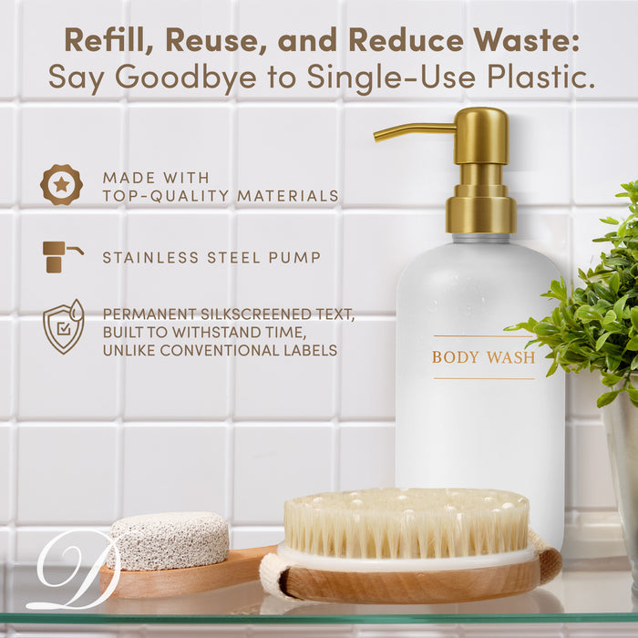 Clear Glass Body Wash Bottle | 16 oz Refillable Wall Mount Liquid Soap Dispenser with Waterproof Label for every Bathroom | Single Product by Diversified Hospitality Solutions