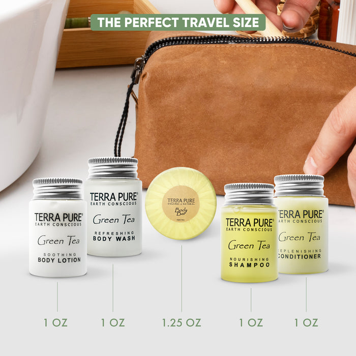 Terra Pure Hotel Soaps and Toiletries Bulk Set | 1-Shoppe All-In-Kit Amenities for Hotels | 1oz Hotel Shampoo & Conditioner, Body Wash, Body Lotion & 1.25oz Bar Soap Travel Size | 300 Pieces