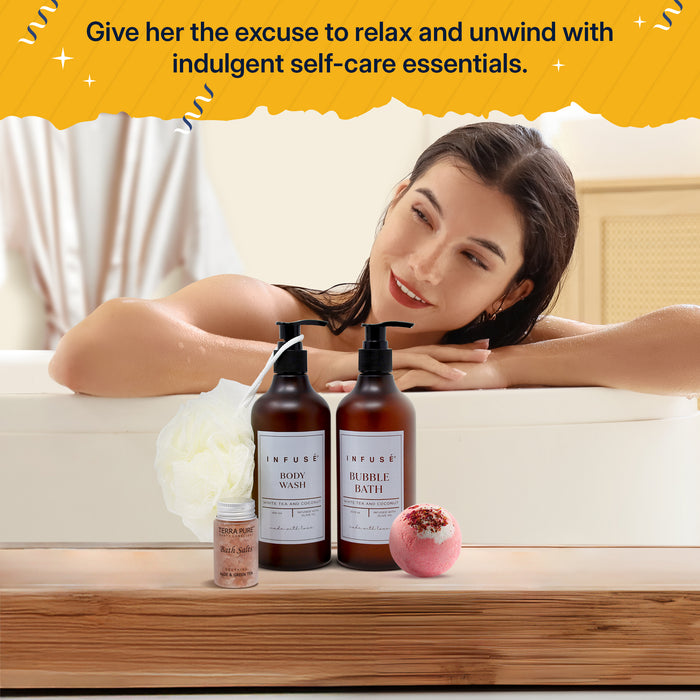 17-Piece Luxury Gift Set with Robe | Complete INFUSÉ White Tea & Coconut Bath Collection | Self-Care Kit with Bath Bombs, Face Masks & Hair Care