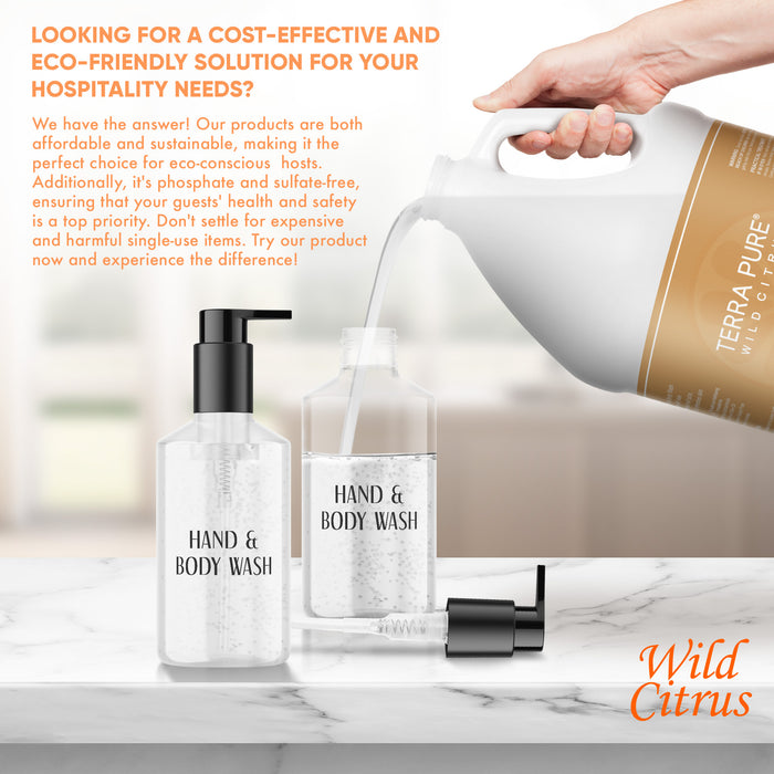 Terra Pure | Hotel Soaps and Toiletries Bulk Set | Hand & Body Wash Gallon 128 oz | Designed to Refill Soap Dispensers | 4 Gallons