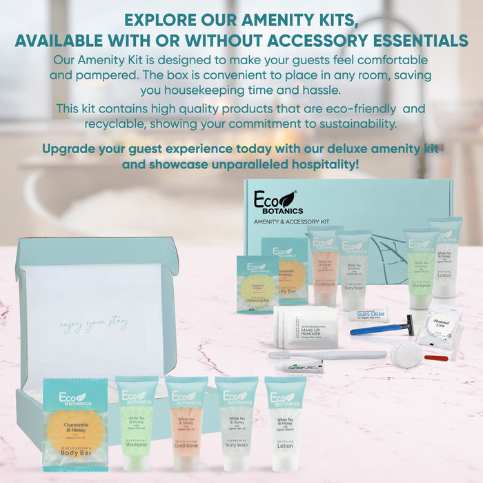 Eco Botanics Amenity & Accessory Kit | 0.85 oz Travel Size Shampoo, Conditioner, Lotion, Body Wash, Body Bar, Cleansing Bar, Shave & Dental Sets, Make-Up Remover Wipes, & Vanity Kit | 15 sets per case