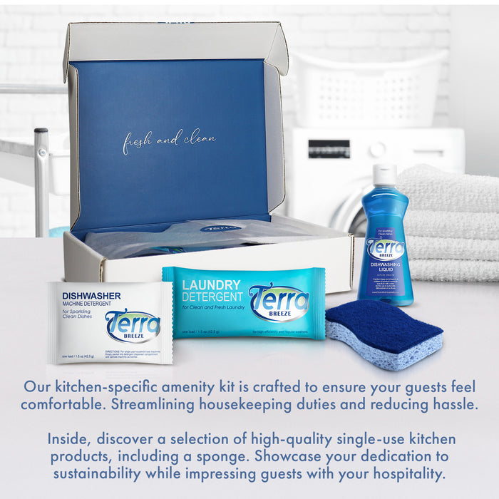 Terra Breeze Spa Bulk Set | Guest Box With A Sponge, A Bottle Of Liquid Dish Soap, A Packet Of Dishwasher Detergent Powder, A Packet Of High-Efficiency Laundry Detergent Powder | 20 Boxes