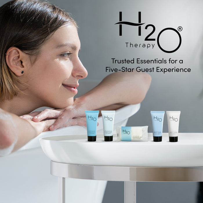 H2O Therapy Hotel Soaps and Toiletries Bulk Set | 1-Shoppe All-In-Kit Amenities for Hotels & Airbnb | .85oz Hotel Shampoo & Conditioner, Body Wash, Body Lotion & 1 oz Bar Soap Travel Size | 75 Pieces