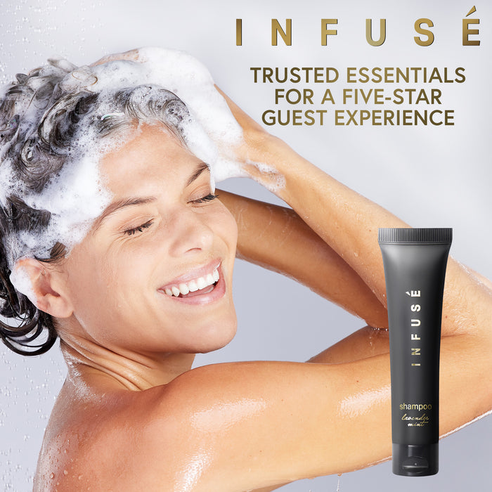 Infuse Black Hotel Toiletries Bulk, Amenities for Guest Hospitality, Motel, AirBnB, Gym, Luxury, Airport | Travel-Size Hotel Shampoo 1 oz | (Case of 200)