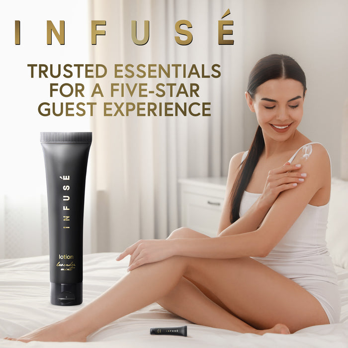 Infuse Black Hotel Toiletries Bulk, Amenities for Guest Hospitality, Motel, AirBnB, Gym, Luxury, Airport | Travel-Size Hotel Lotion 1 oz (Case of 100)