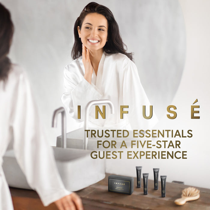 Infuse Black Hotel Soaps and Toiletries Bulk Set | 1-Shoppe All-In-Kit Amenities for Hotels & Airbnb | 1 oz Hotel Shampoo & Conditioner, Body Wash, Lotion & 1.25 oz Bar Soap Travel Size | 150 Pieces