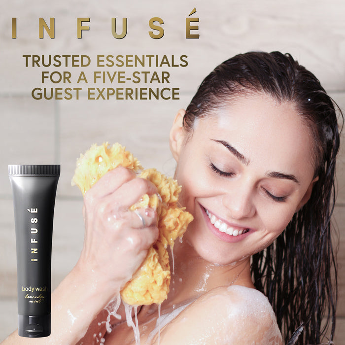 Infuse Black Hotel Toiletries Bulk, Amenities for Guest Hospitality, Motel, AirBnB, Gym, Luxury, Airport | Travel-Size Hotel Body Wash 1 oz (Case of 20)