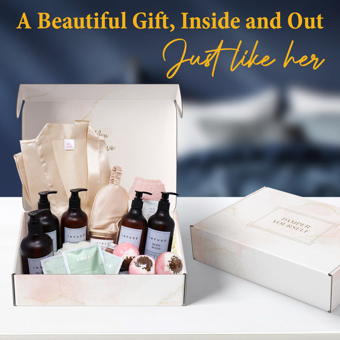 17-Piece Luxury Gift Set with Robe | Complete INFUSÉ White Tea & Coconut Bath Collection | Self-Care Kit with Bath Bombs, Face Masks & Hair Care