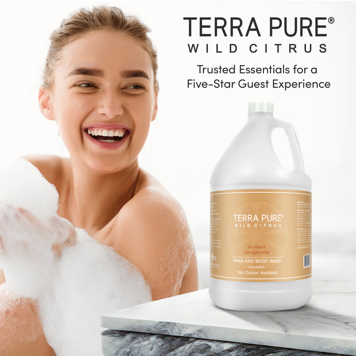 Terra Pure | Hotel Soaps and Toiletries Bulk Set | Hand & Body Wash Gallon 128 oz | Designed to Refill Soap Dispensers | 4 Gallons