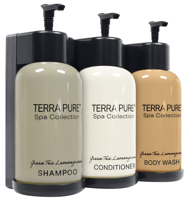 Terra Pure Spa Collection | Wall-Mounted No Drill Shower Soap Amenities Dispenser | 10.14 oz. / 300 ml Bottles | Tamper Proof Locking Bracket | 1 Bracket with Shampoo, Conditioner, Body Wash