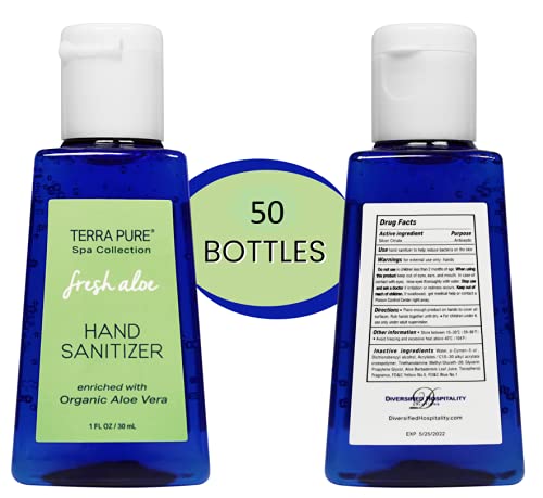 Terra Pure Hand Sanitizer Gel | Mini Hand Sanitizer Bulk | Alcohol Free with Organic Aloe Vera | 1 oz. 50 Bottles